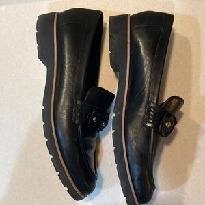 Kate Spade New York Black Leather Loafers with Gold Floral Accents